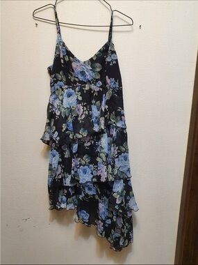 Abercrombie & Fitch Black Floral Tiered Slip Dress with Blue Roses